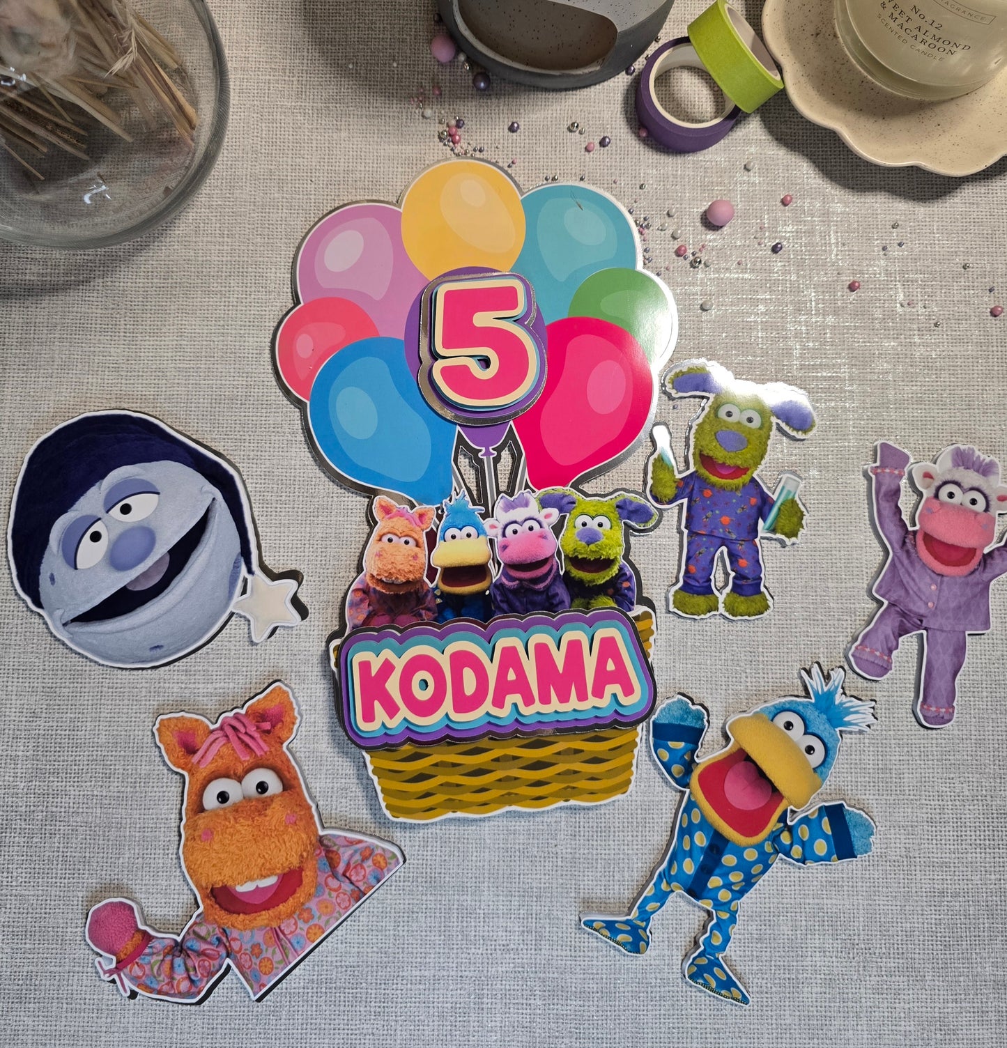 Personalised Colourful Puppet Cake Topper Set – Custom Name & Age Birthday Decorations – Kids Character Theme