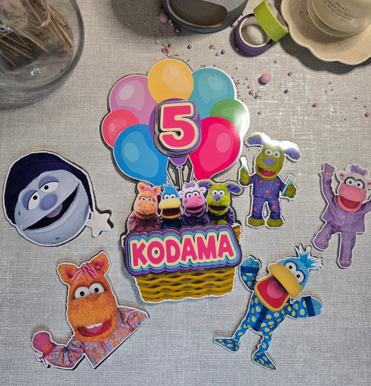 Personalised Colourful Puppet Cake Topper Set – Custom Name & Age Birthday Decorations – Kids Character Theme