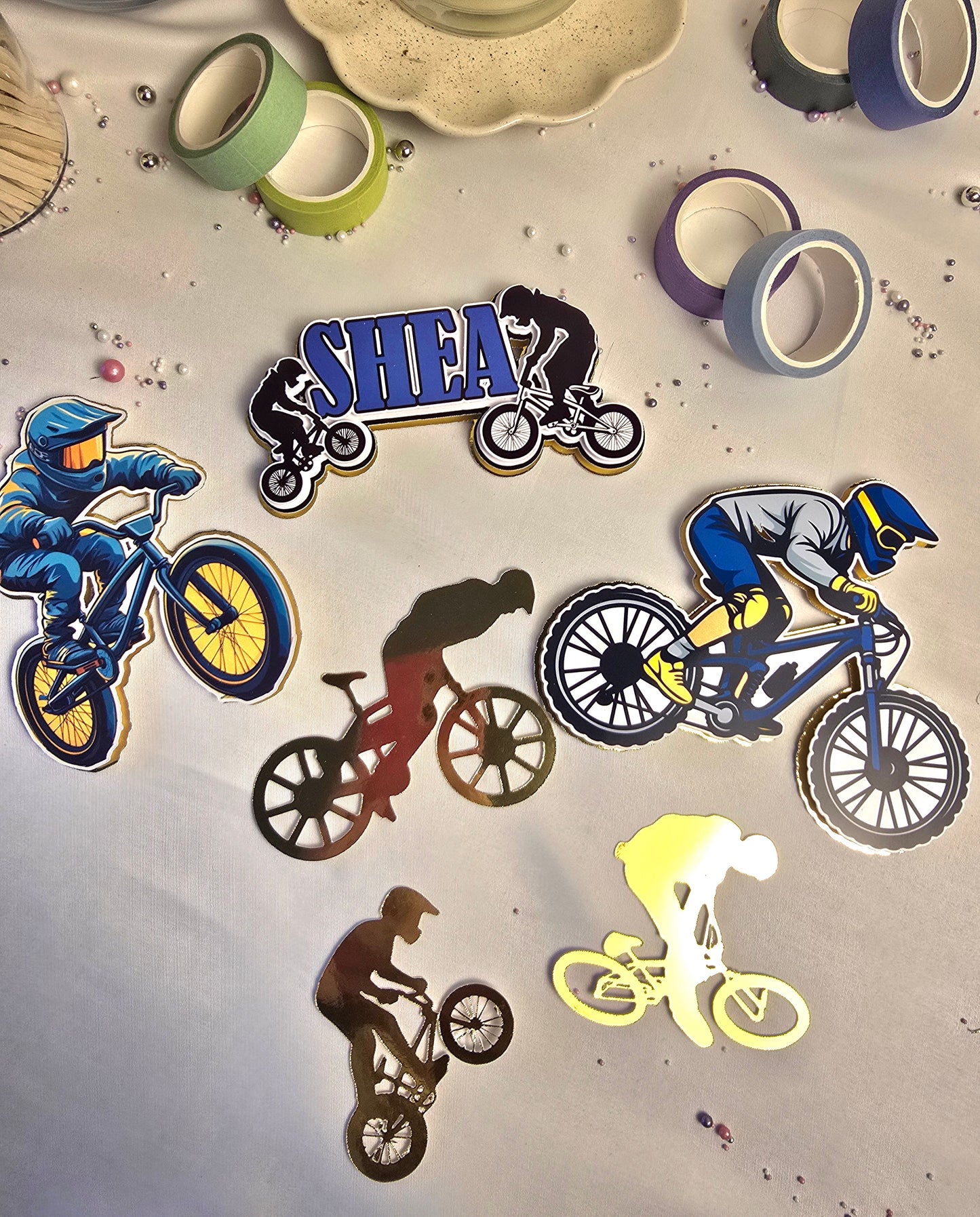 Personalised BMX Bike Cake Topper Set – Cycling Birthday Cake Decorations – BMX Rider Cake Topper