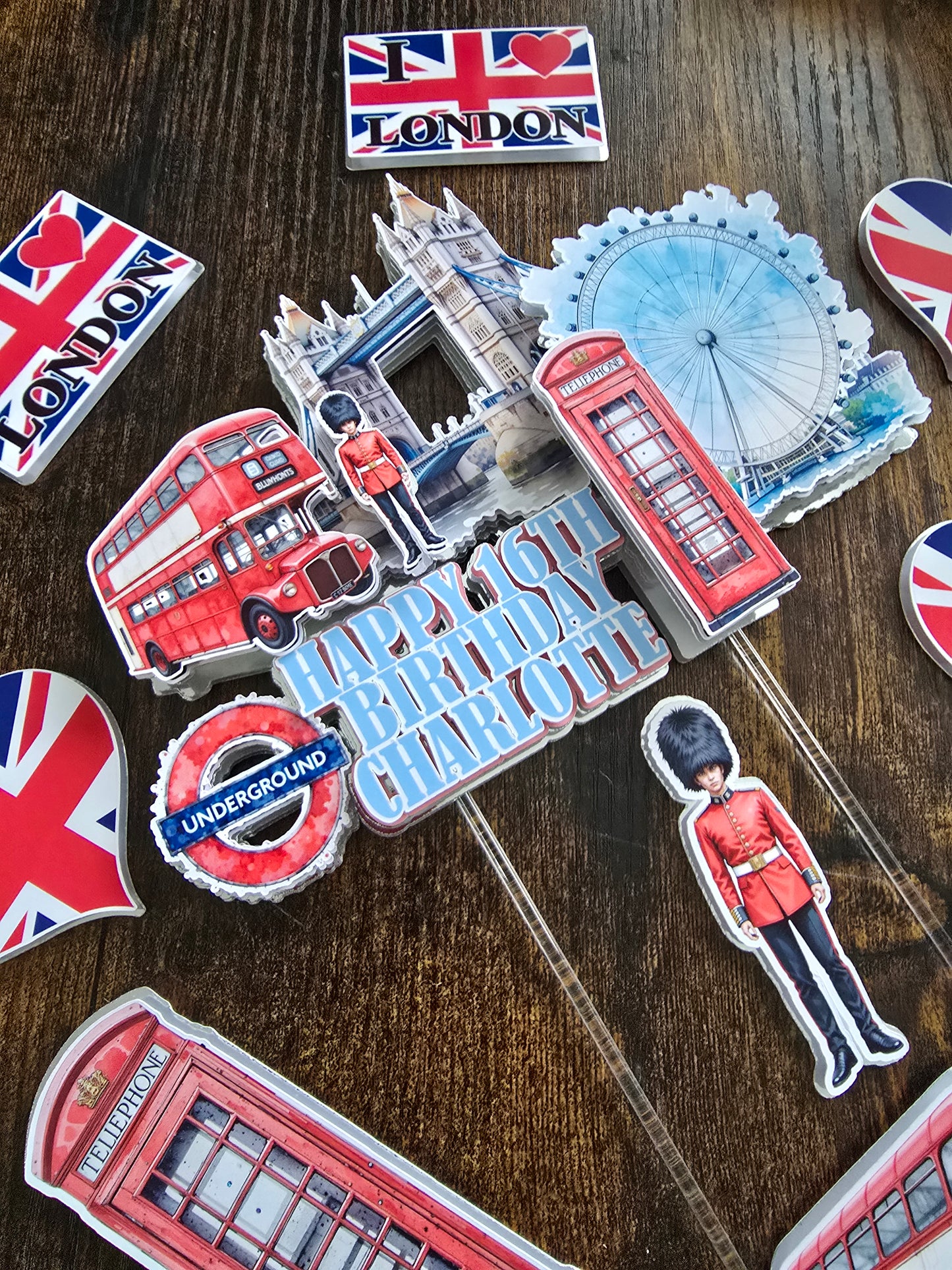 Personalised London Birthday Cake Topper Set – Custom Name & Age UK Theme Decorations – London Party Cake Decor