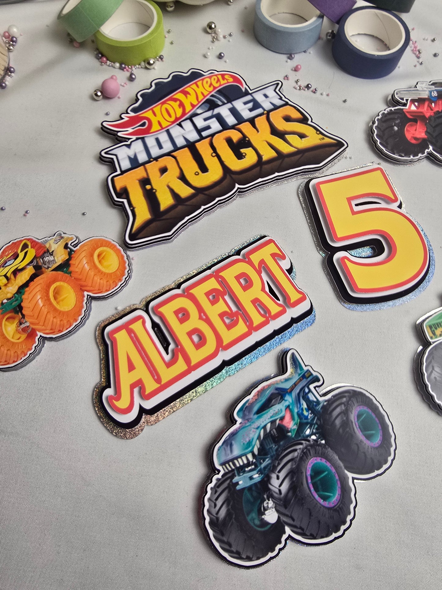 Monster Truck Birthday Cake Topper Set – Personalised Truck Party Cake Decorations – Kids Monster Truck Cake Topper