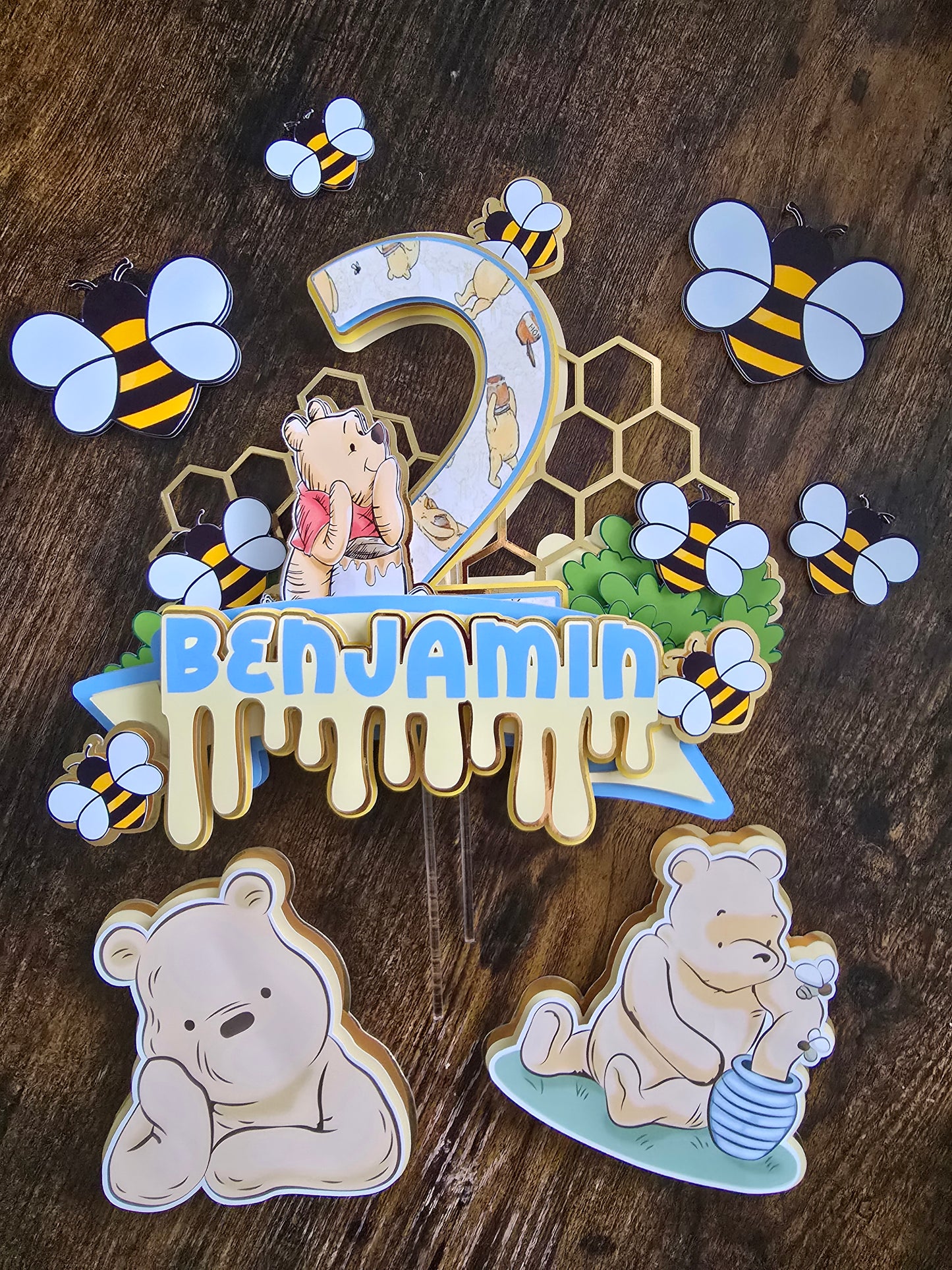 Personalised Honey Bear Cake Topper Set – Custom Name & Age Birthday Decoration – Bee Theme Party