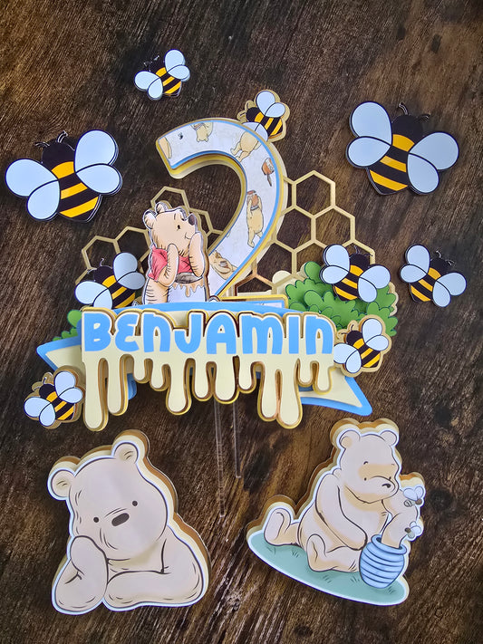 Personalised Honey Bear Cake Topper Set – Custom Name & Age Birthday Decoration – Bee Theme Party