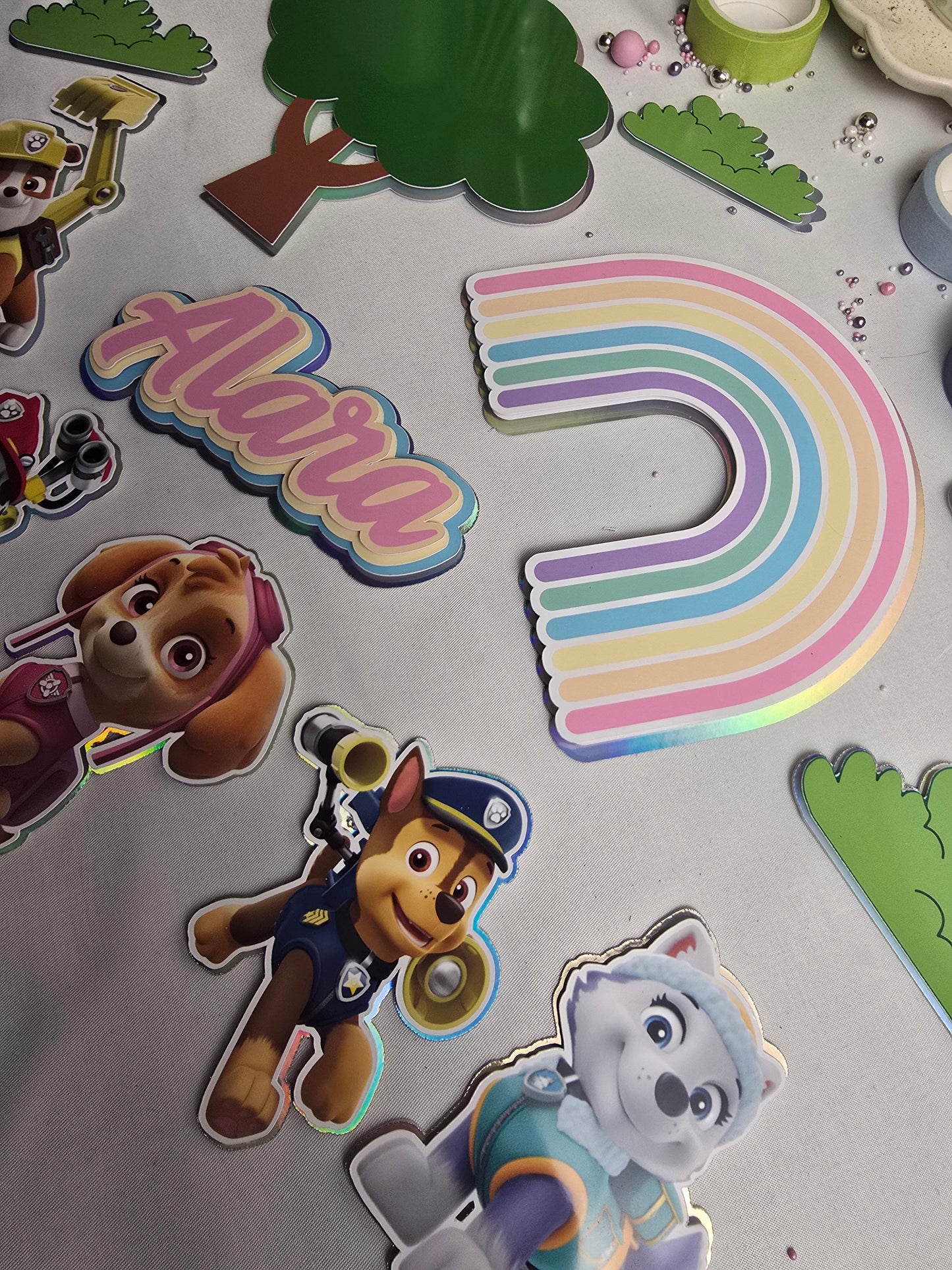 Pastel Rainbow Puppy Cake Topper Set – Personalised Kids Birthday Cake Decorations – Rainbow Theme Party Topper