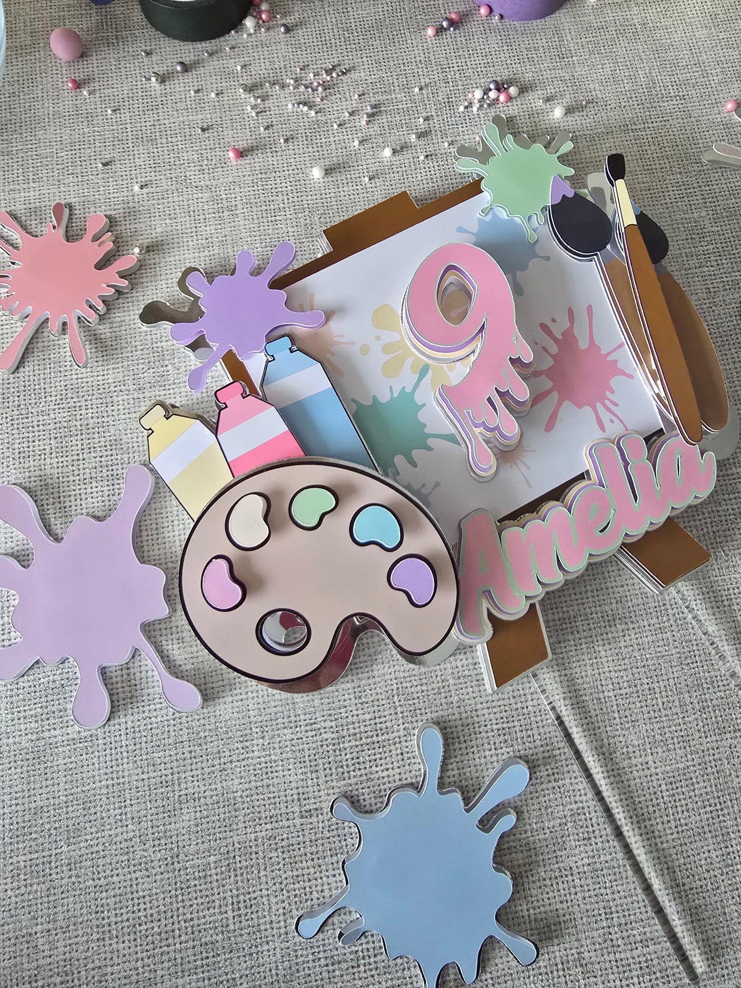 Personalised Art Theme Cake Topper – Custom Name & Age Birthday Decoration – Paint Party Cake Topper