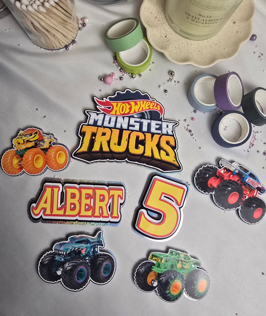 Monster Truck Birthday Cake Topper Set – Personalised Truck Party Cake Decorations – Kids Monster Truck Cake Topper