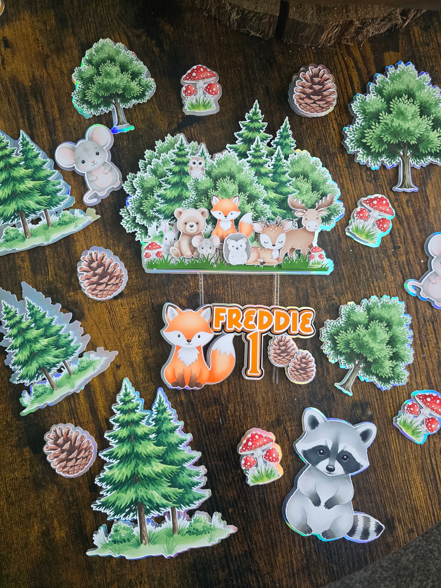 Woodland Animals Cake Topper Set- Personalised Name & Age - Forest Theme Birthday Cake Decorations