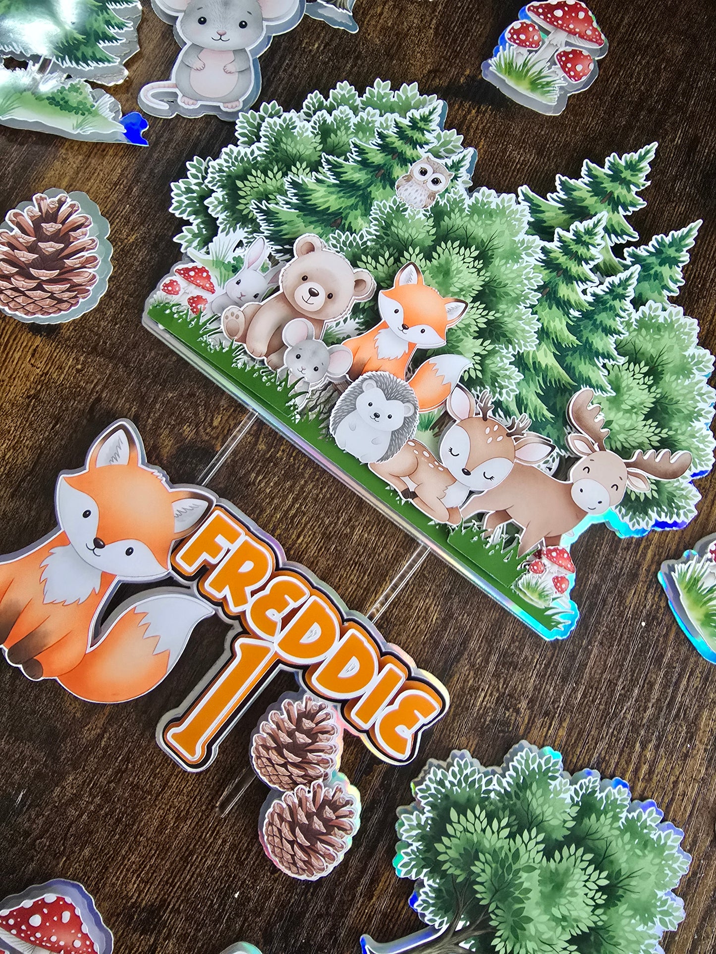 Woodland Animals Cake Topper Set- Personalised Name & Age - Forest Theme Birthday Cake Decorations
