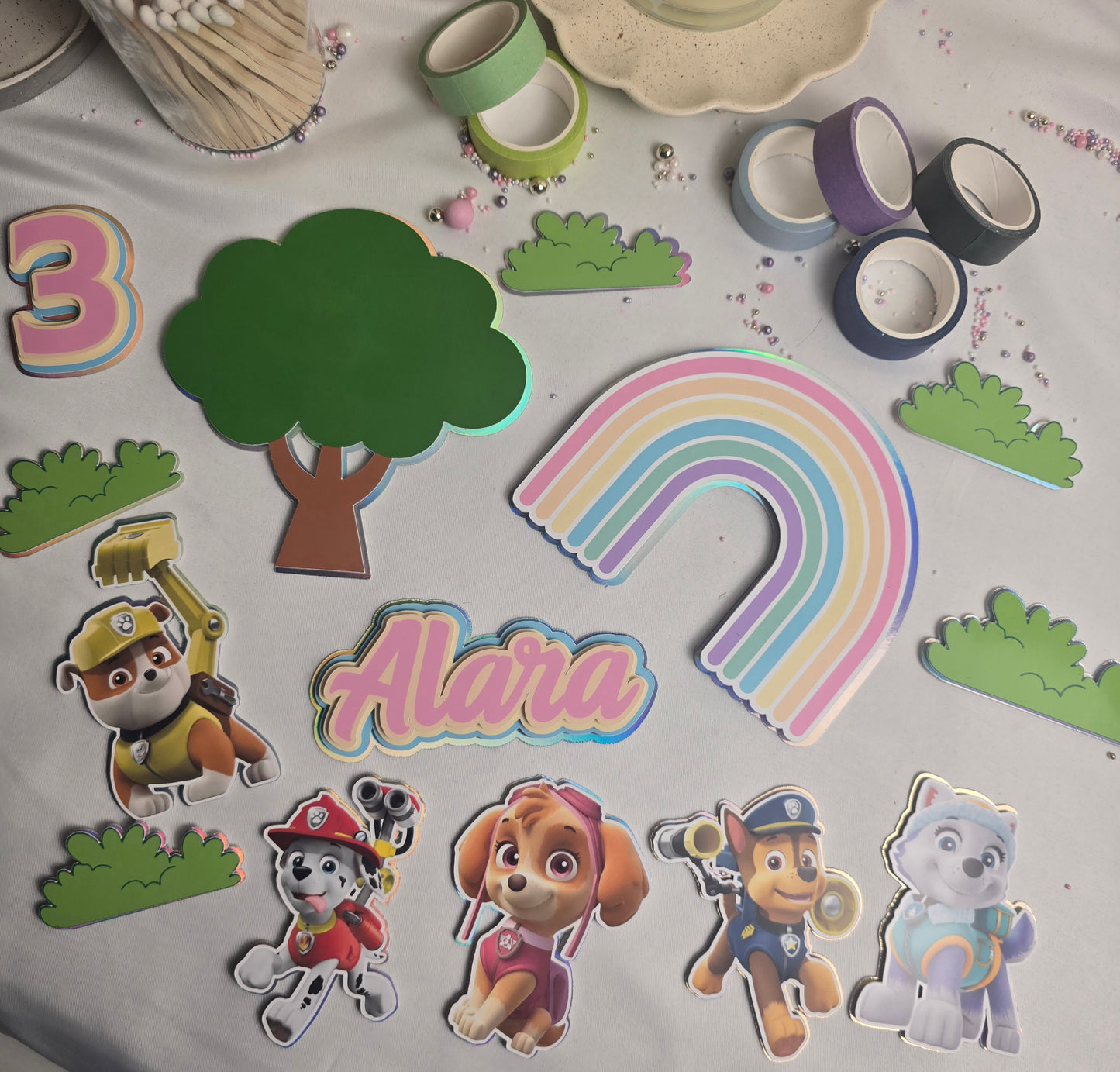 Pastel Rainbow Puppy Cake Topper Set – Personalised Kids Birthday Cake Decorations – Rainbow Theme Party Topper