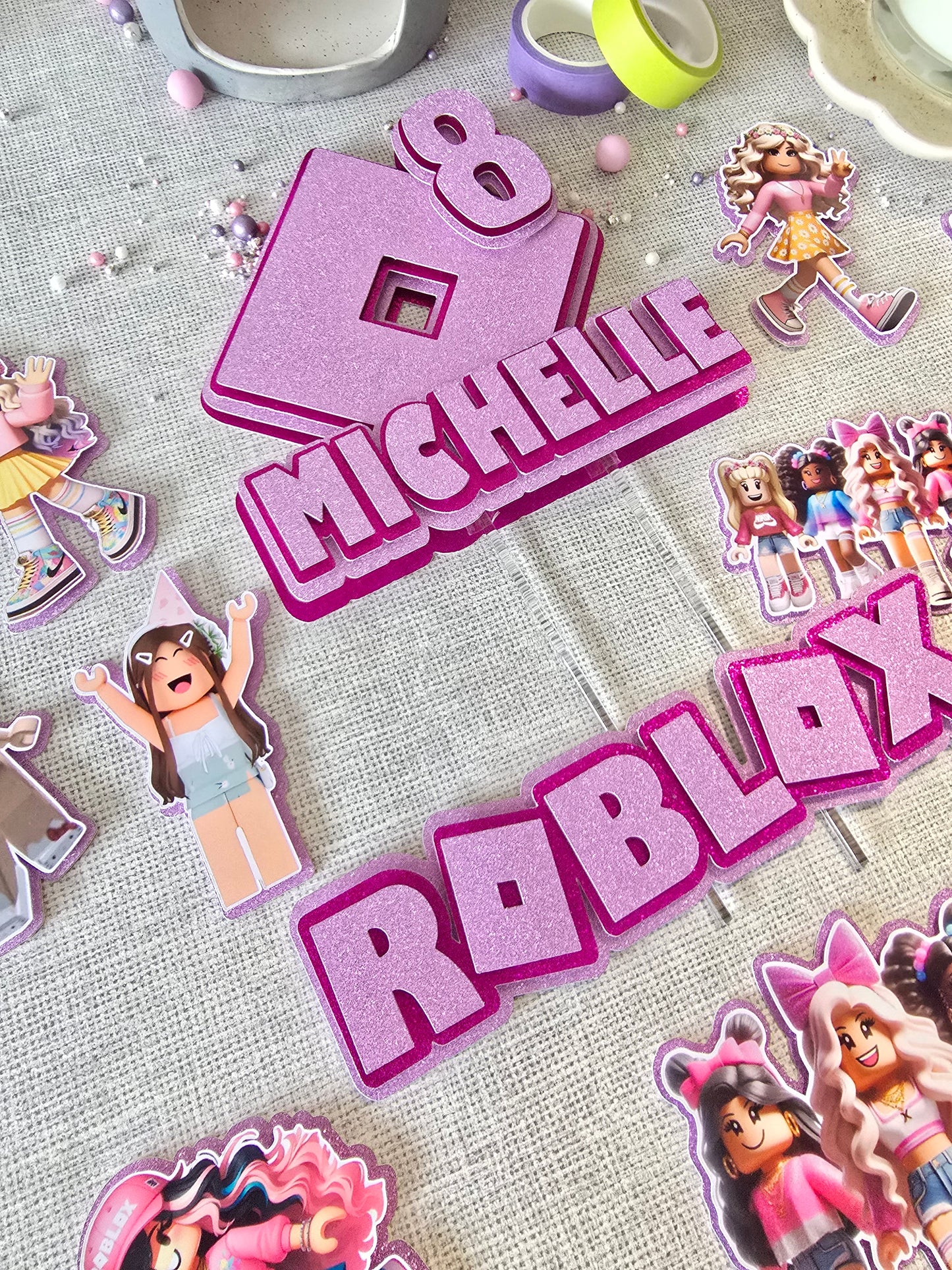 Personalised Gaming Avatar Cake Topper Set – Custom Name & Age Birthday Decorations – Pink Gamer Theme