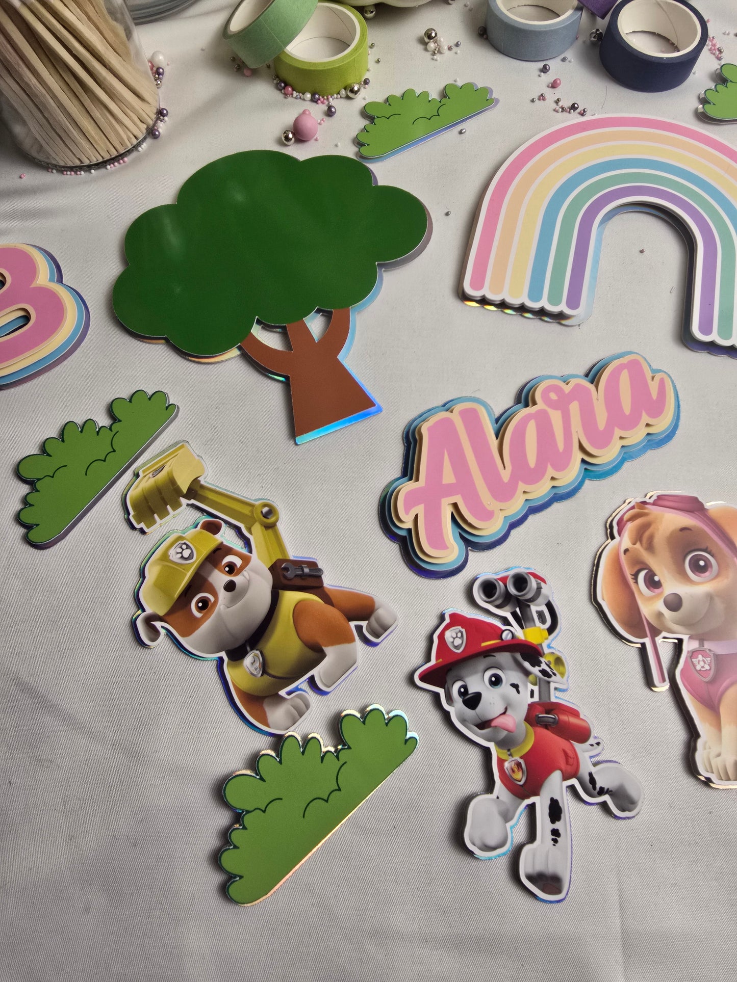 Pastel Rainbow Puppy Cake Topper Set – Personalised Kids Birthday Cake Decorations – Rainbow Theme Party Topper