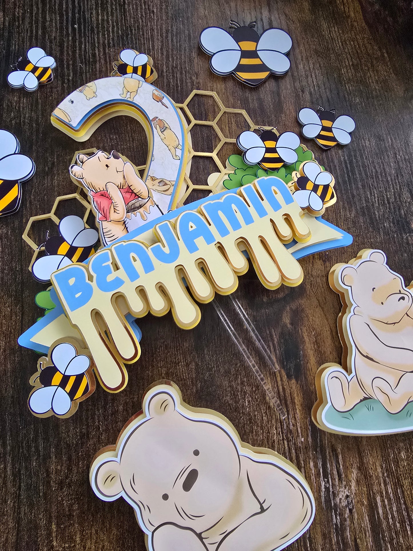 Personalised Honey Bear Cake Topper Set – Custom Name & Age Birthday Decoration – Bee Theme Party