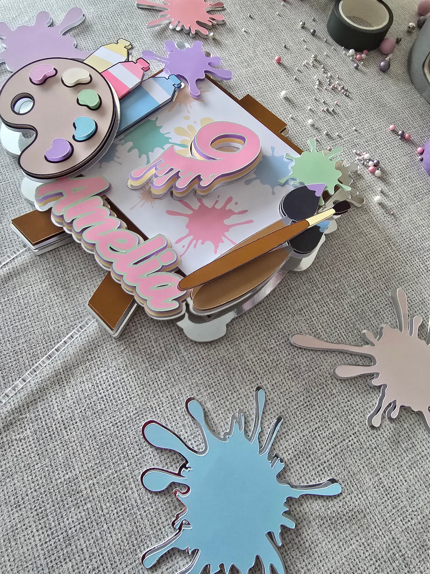 Personalised Art Theme Cake Topper – Custom Name & Age Birthday Decoration – Paint Party Cake Topper
